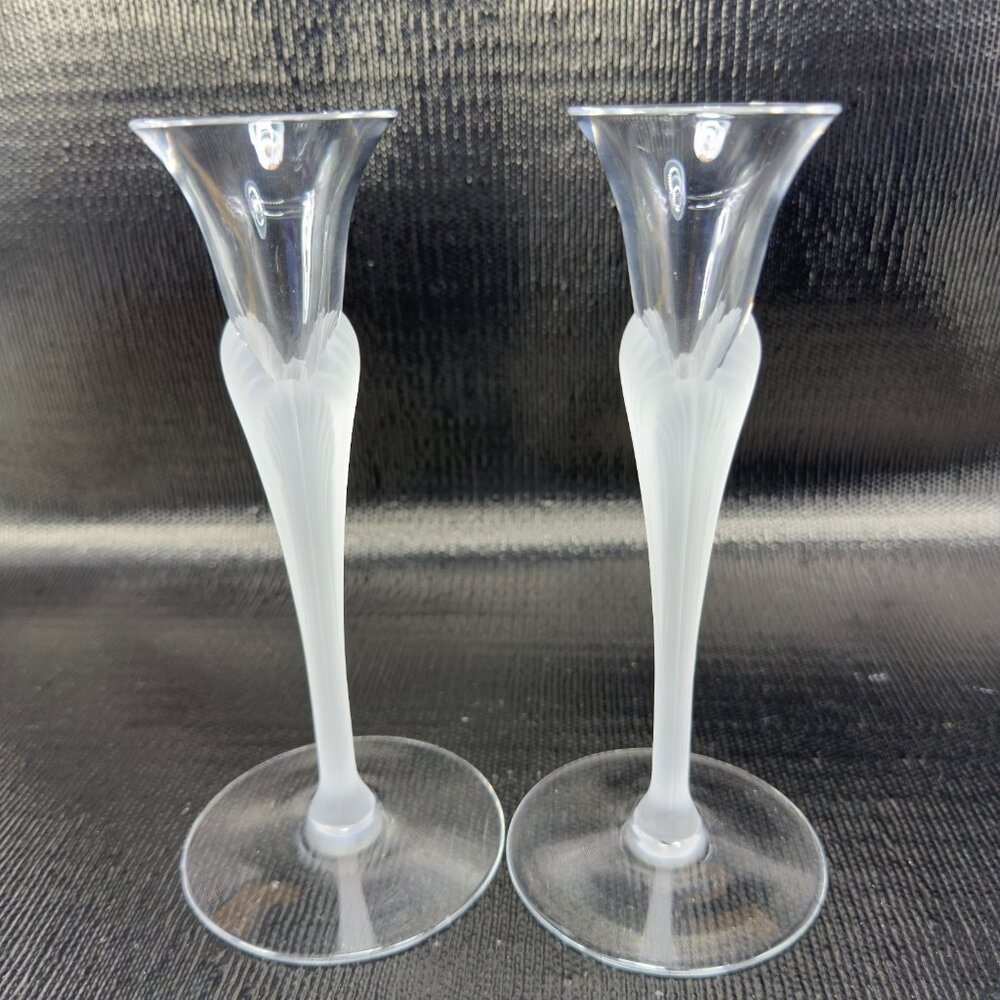 Sasaki Aegean Clear Frosted Stems Glass Crystal Candlestick Holder Set 2 Vintage - Picture 10 of 13